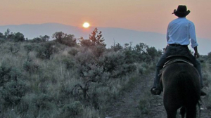 Man on a horse facing the sunset