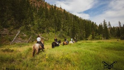 Riders on a trail next to a forest