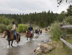 guest on a trail ride in a river at Circle Bar Ranch